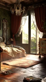 Sunlit baroque-style bedroom interior with open window.