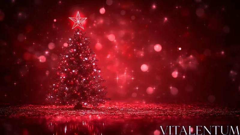 Glowing red Christmas tree casting warm festive sparkle.