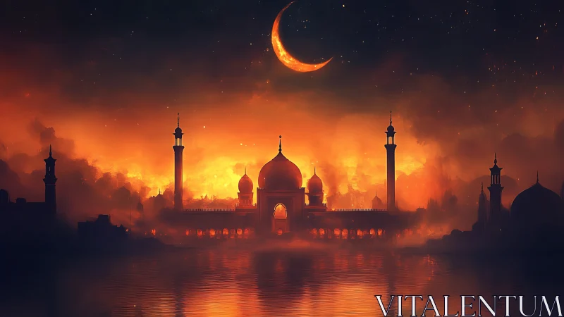 Fiery crescent moon over silhouetted mosque skyline at dusk.