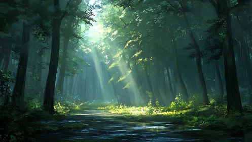 Luminous Forest Corridor with Radiant Sunbeams Through Ancient Canopy