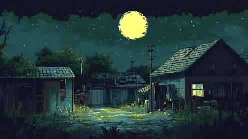 Moonlit village yard wrapped in quiet pixel night magic.