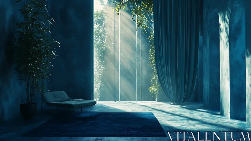 Soft morning light pours into a tranquil blue lounge retreat