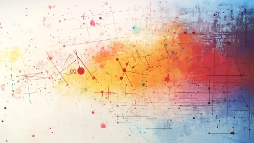 Abstract geometric art with colorful paint splatters and lines.