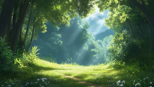 Ethereal Forest Clearing with Radiant Sky and Luminous Pathways.