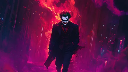 Laughing stormwalker strides through neon inferno streets.