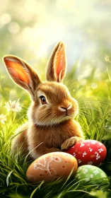 Brown rabbit in grass with painted Easter eggs in light.