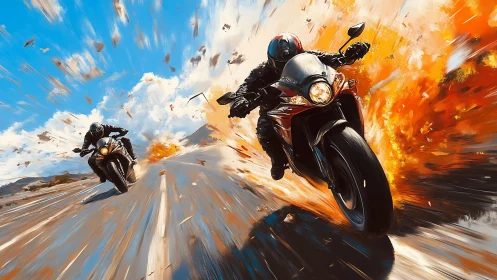 Motorcyclists race through fire and smoke in explosive motion