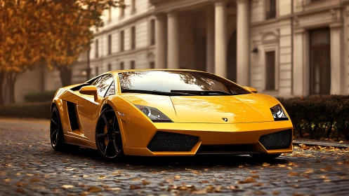 Yellow supercar parked on cobblestone street in autumn light