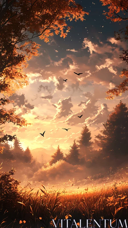 Golden autumn meadow under radiant sunset sky panorama.