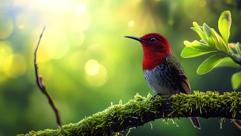 Vibrant Hummingbird on Mossy Branch in Lush Bokeh Forest Scene.