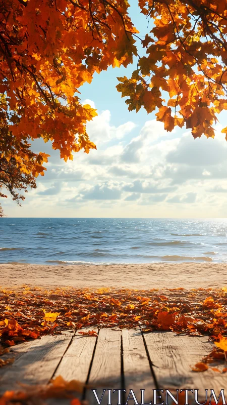 Golden autumn leaves frame a tranquil lakeside shore.