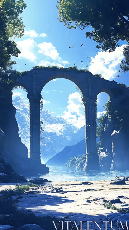 Sunlit stone archway opening onto a tranquil blue fjord.