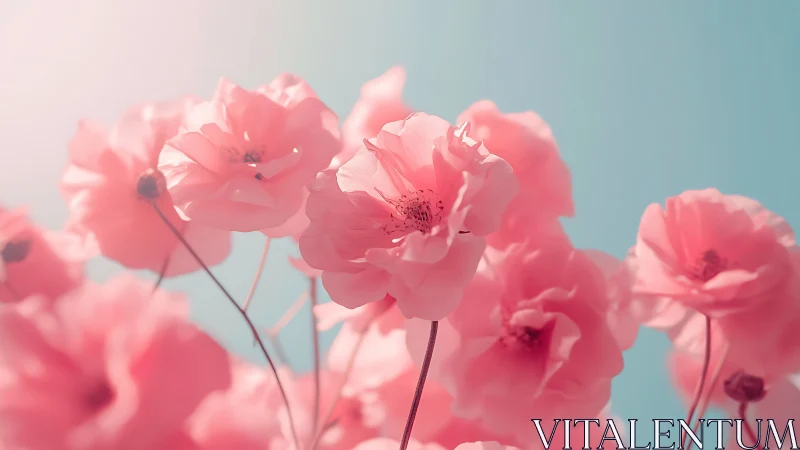 Pink Garden Roses Backlit Against Clear Turquoise Sky. Professional floral photography emphasizing d