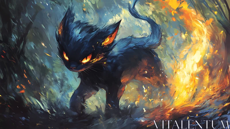 Fiery forest spirit cat strides through swirling wild flames