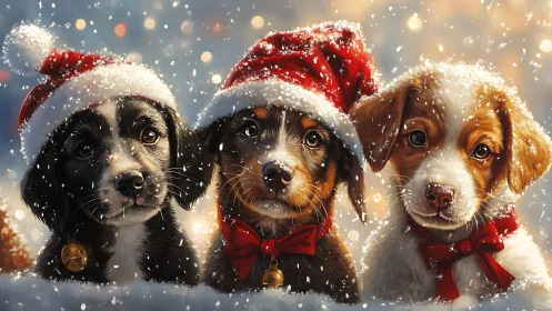 Three puppies in Santa hats in snowy holiday scene.