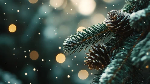 Snowy pinecones glowing softly in cozy winter light.