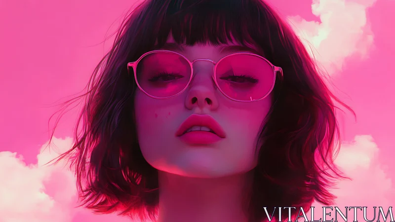 Digital portrait of woman in pink sunglasses on sky background.