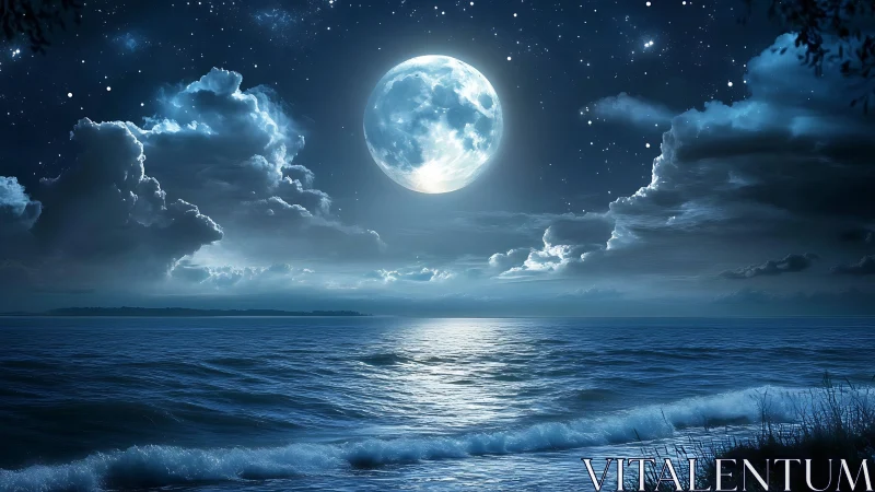 Moonlit tides serenade a starlit, cloud-framed night seascape.