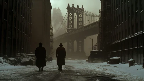Two shadowed figures cross a wintry bridge-side noir street