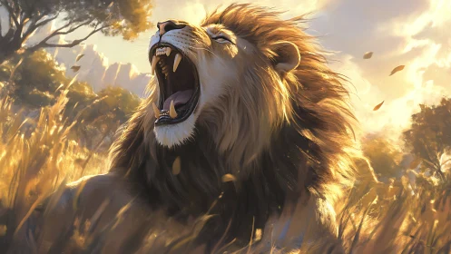 Majestic lion roars at sunrise across golden savanna