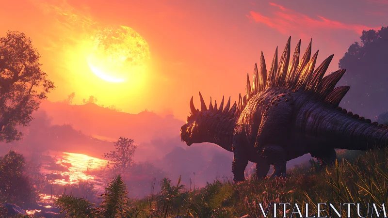 Spiked dinosaur silhouette against vivid prehistoric sunset.