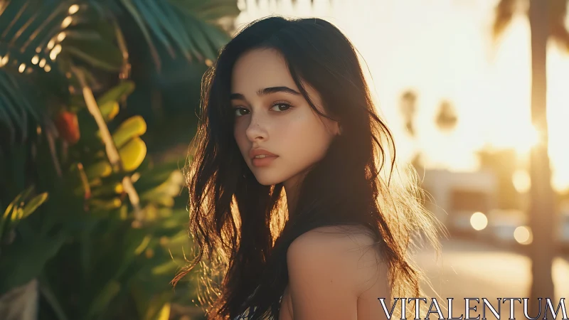 Young woman standing outdoors in warm golden sunset light