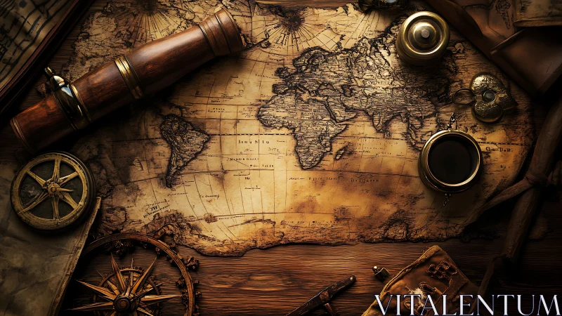 Vintage world map with explorer tools on wooden desk.