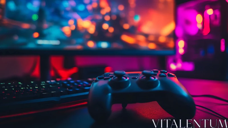 Cozy gaming controller glowing in neon rainbow lights.