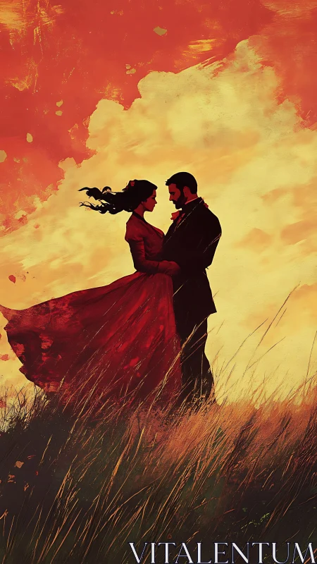 Silhouetted couple in golden field landscape