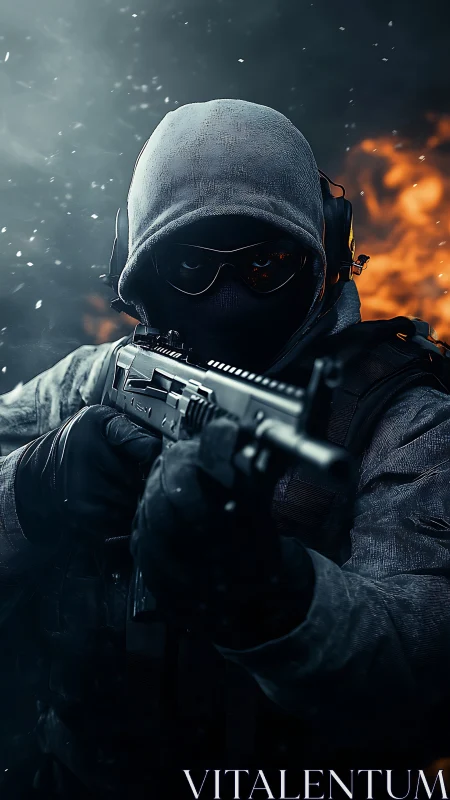 Tactical operator in winter assault stance, weapon foregrounded.