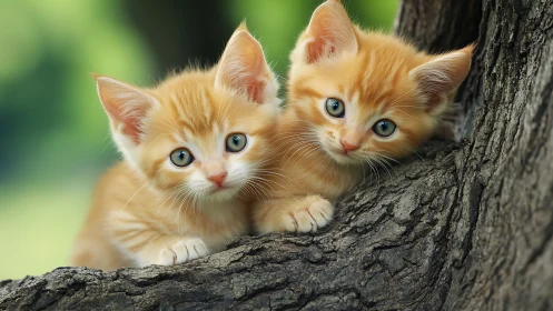 Golden kittens perched on bark, wide-eyed.