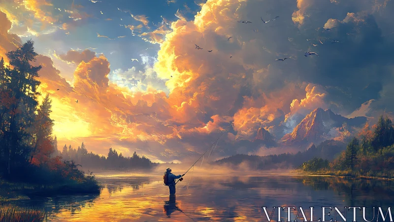 Fisher stands in shallow river beneath dense cloud formations