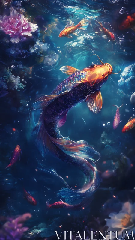 Large koi fish swims in deep pond with smaller companions