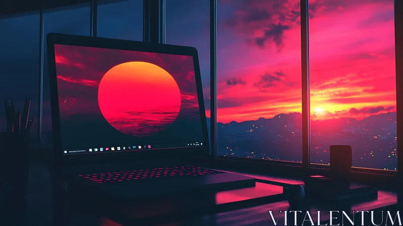 Wide laptop screen with neon sunset wallpaper at twilight desk