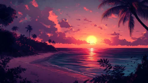 Radiant tropical sunset washes a tranquil palm-lined shore.