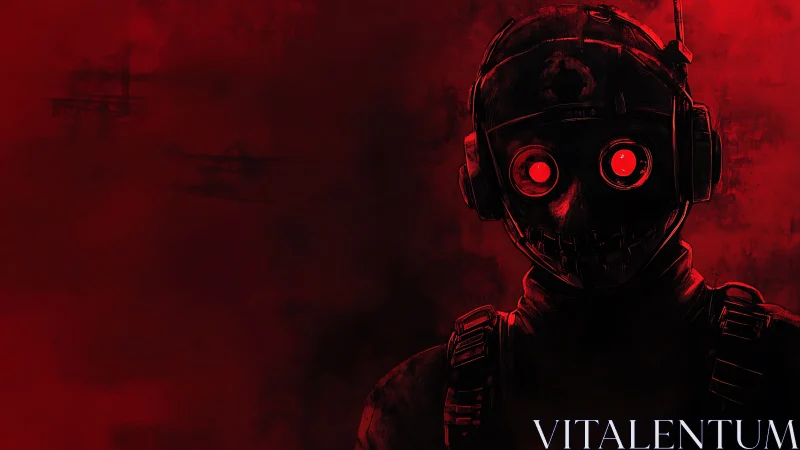 Cybernetic soldier silhouette glows against saturated red void
