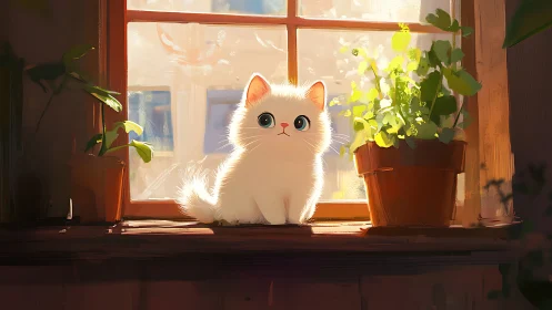 Fluffy White Kitten's Sunlit Window Moment.