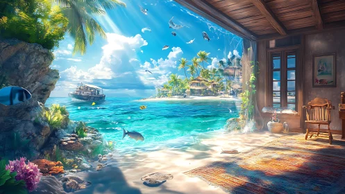 Tropical ocean scene flowing directly into cozy room.