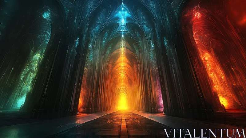 Radiant cathedral corridor glows with cascading spectral light