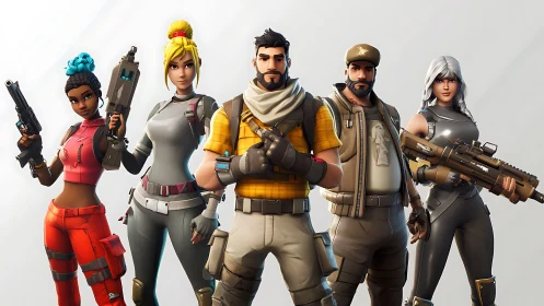 Squad of stylized heroes stand locked and loaded for battle.