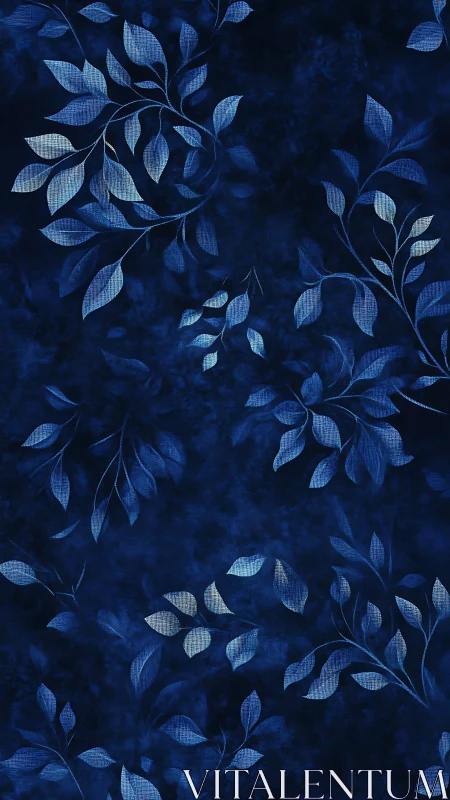 Dark blue botanical pattern with stylized leafy branches.