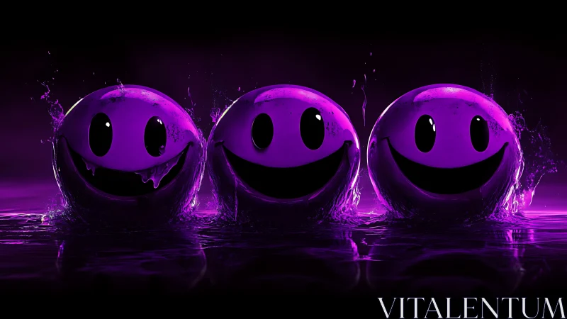Three glossy purple smiley spheres emerge from dark liquid