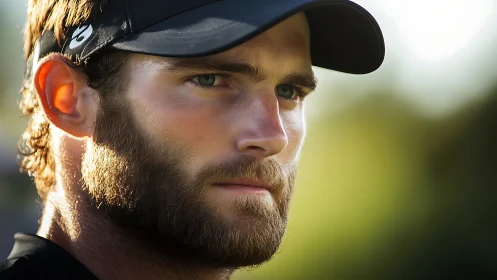 Close-up portrait of bearded man in black sports cap outdoors.