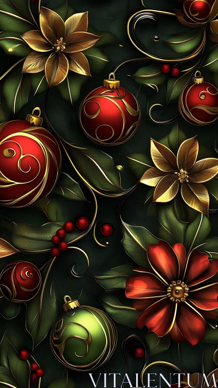 Ornamental floral Christmas pattern with metallic highlights and depth