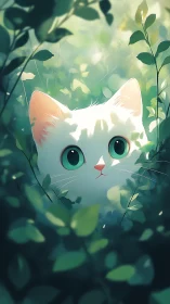White Cat with Turquoise Eyes in a Sunlit Garden.
