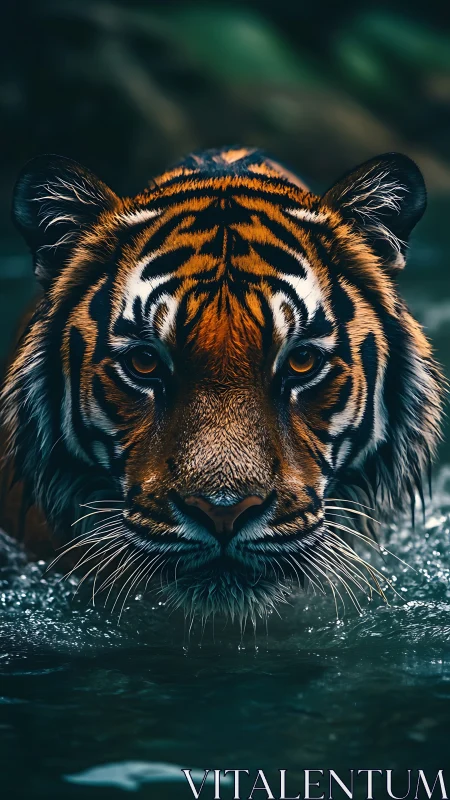 Tiger eyes lock on viewer as predator wades through water.