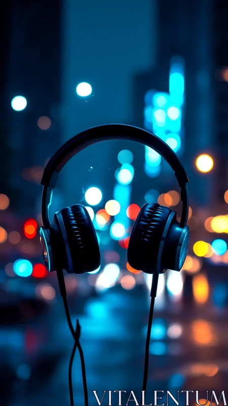Headphones glow against neon city bokeh at night.