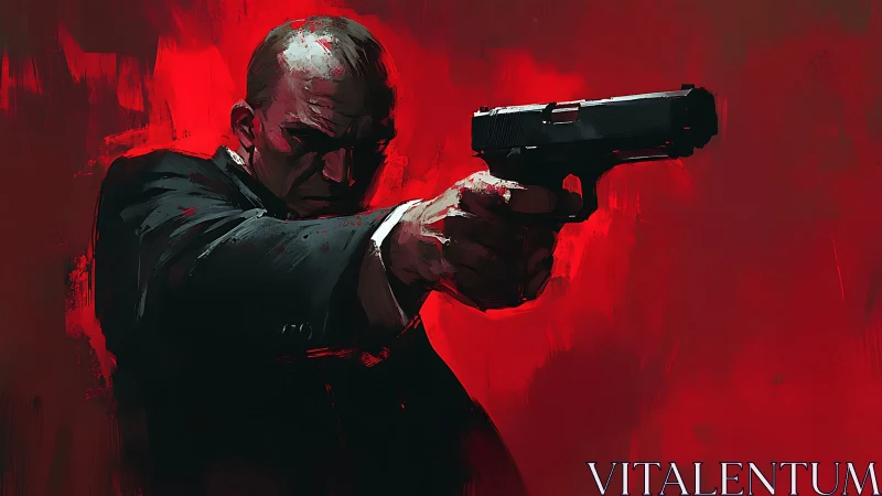 Male figure in suit aiming handgun against red backdrop.