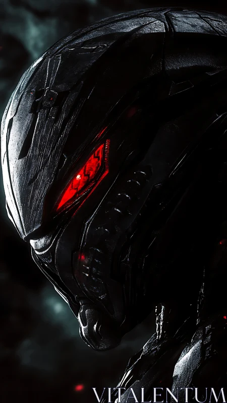 Dark cybernetic helmet close-up with glowing red eyes.