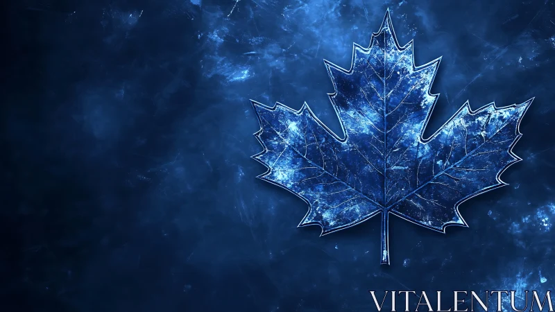 Icy blue maple leaf silhouette glows on dark textured field